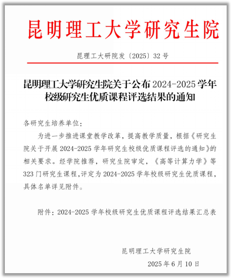 昆明理工大学研究生院文件,红色标题,正文为课程评选通知